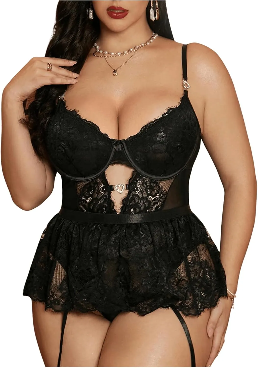 OYOANGLE Women's Plus Size Lace Babydoll Spaghetti Strap V Neck Cut Out Teddy Lingerie Set with Garter Belts