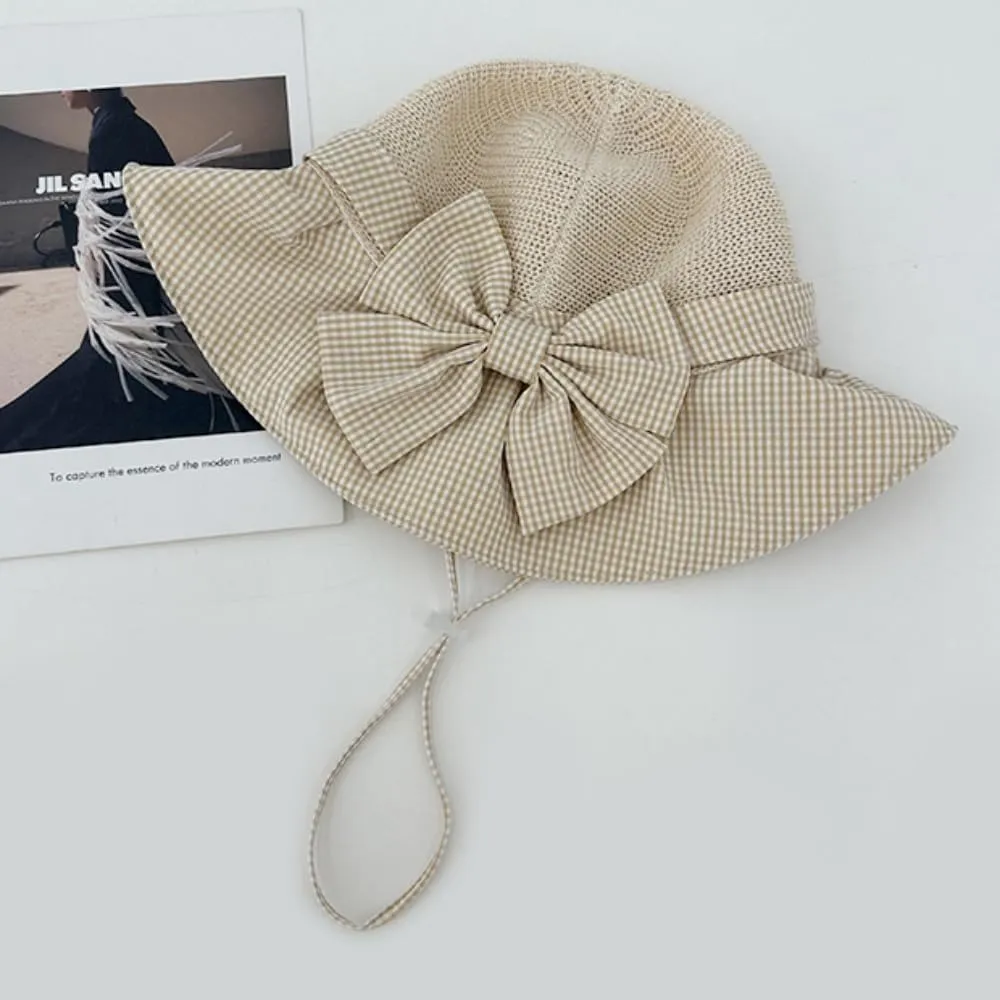 Plaid Bow Sun Hat Large Brim Straw Hat Holiday Straw Beach Cap for Women