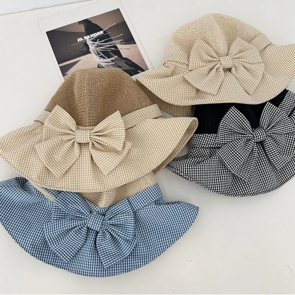 Plaid Bow Sun Hat Large Brim Straw Hat Holiday Straw Beach Cap for Women