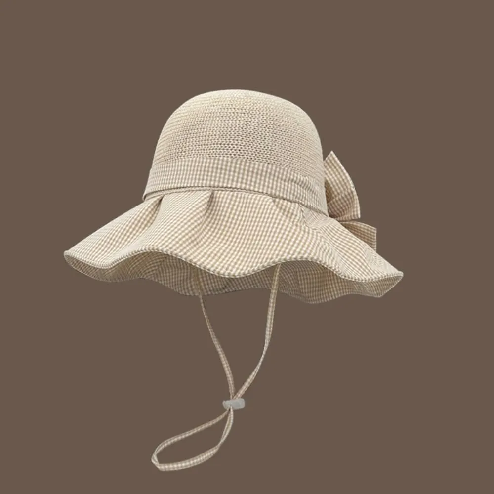 Plaid Bow Sun Hat Large Brim Straw Hat Holiday Straw Beach Cap for Women