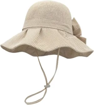 Plaid Bow Sun Hat Large Brim Straw Hat Holiday Straw Beach Cap for Women