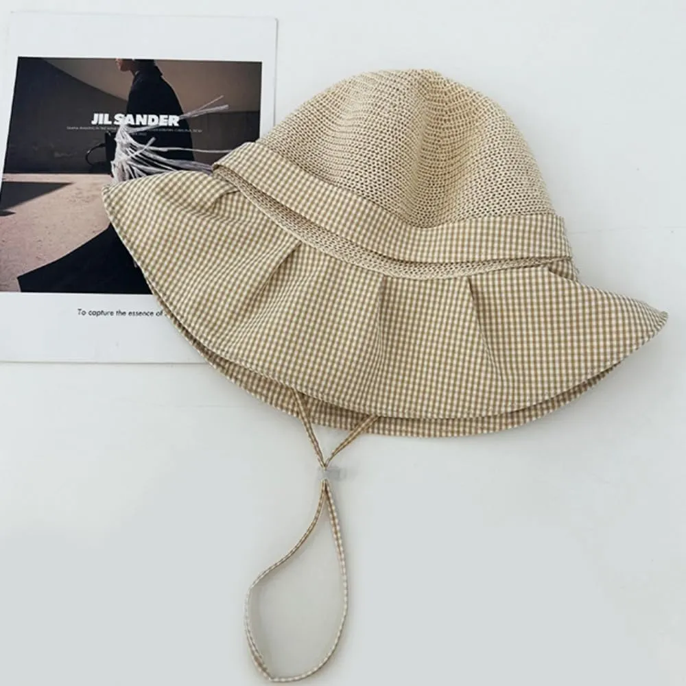 Plaid Bow Sun Hat Large Brim Straw Hat Holiday Straw Beach Cap for Women