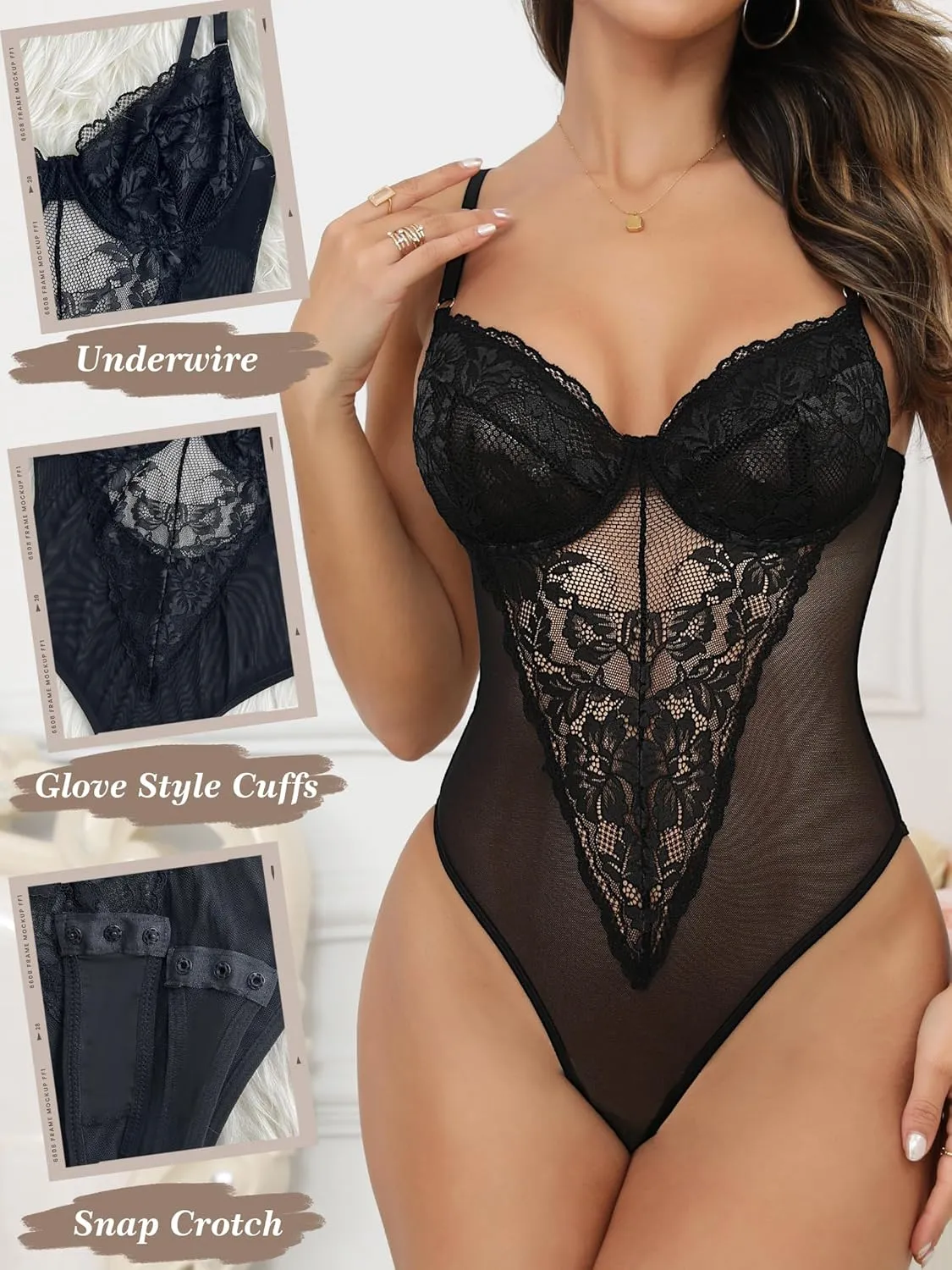 popiv Women Lace Corset Bodysuit Sexy Going Out Tops One Piece Mesh Teddy Lingerie Snap Crotch Babydoll