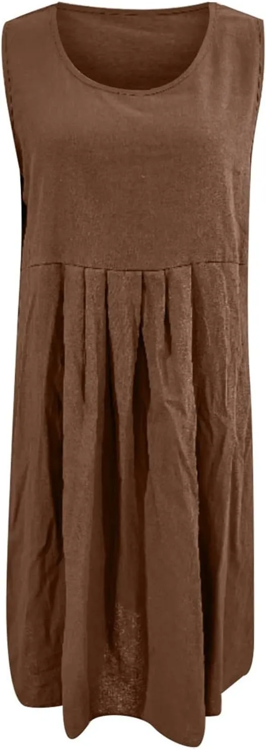Poplin Dress Women Boho Flowy Pleated Crew Neck Midi Dress with Sleeves Loose Summer Swimsuit Coverup for Women