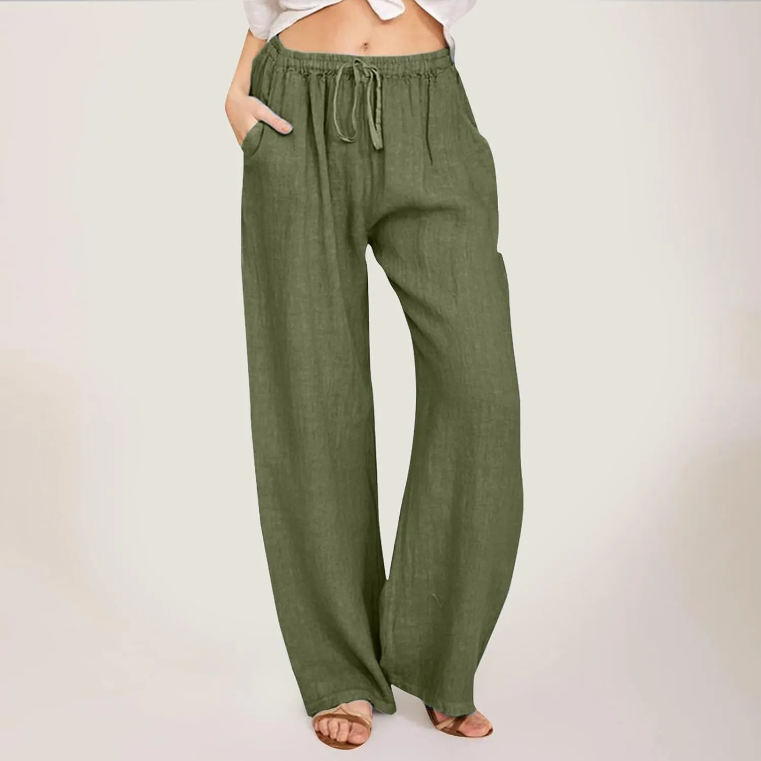 PTOLOCIF Cotton Linen Pants Women,Casual Linen High Waist Pants Wide Leg Palazzo Pants Drawstring Loose Fit Summer Pants