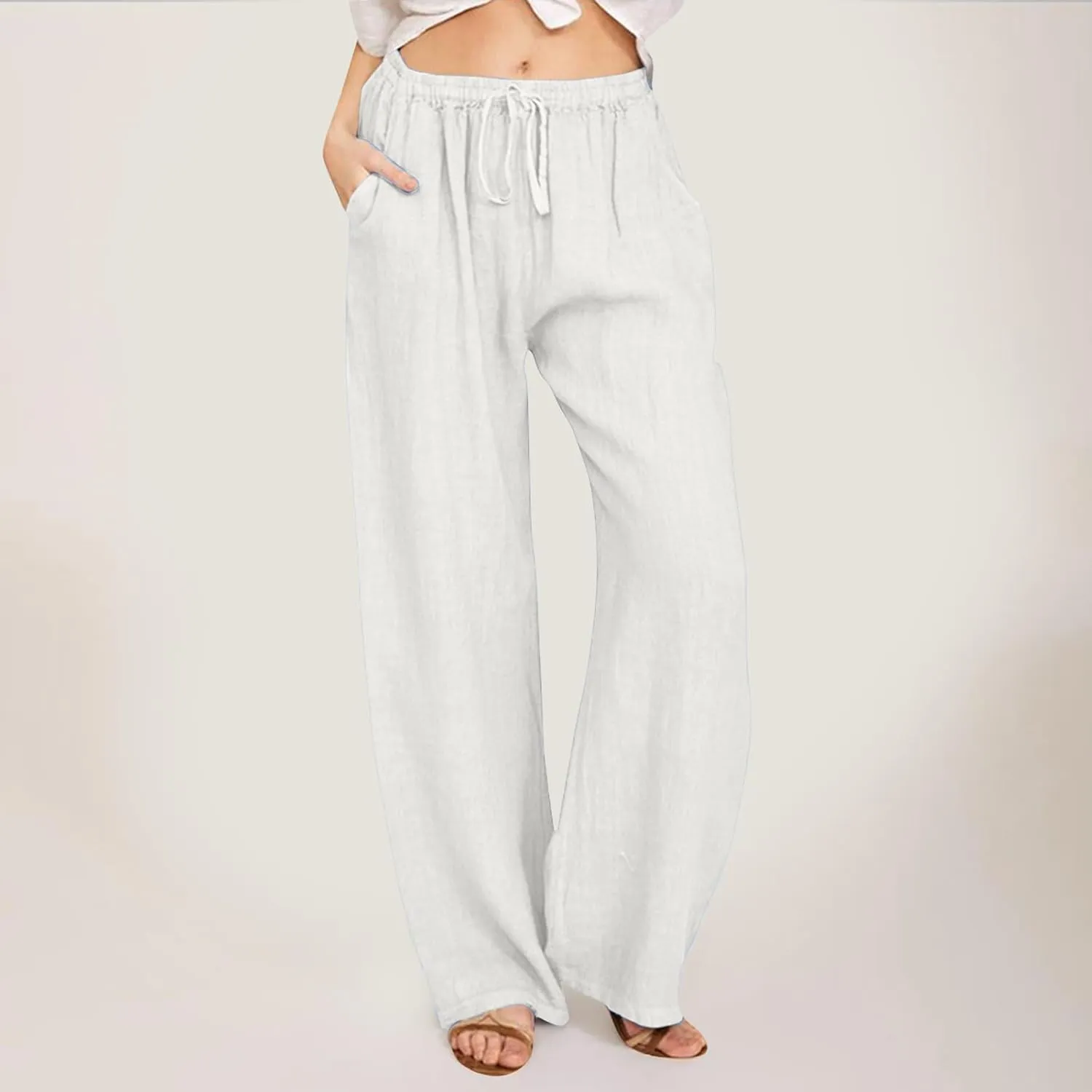PTOLOCIF Cotton Linen Pants Women,Casual Linen High Waist Pants Wide Leg Palazzo Pants Drawstring Loose Fit Summer Pants