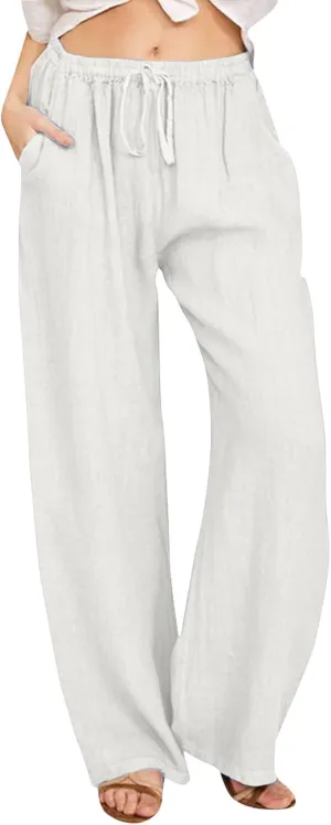 PTOLOCIF Cotton Linen Pants Women,Casual Linen High Waist Pants Wide Leg Palazzo Pants Drawstring Loose Fit Summer Pants