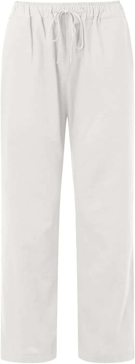 PTOLOCIF Cotton Linen Pants Women,Casual Linen High Waist Pants Wide Leg Palazzo Pants Drawstring Loose Fit Summer Pants