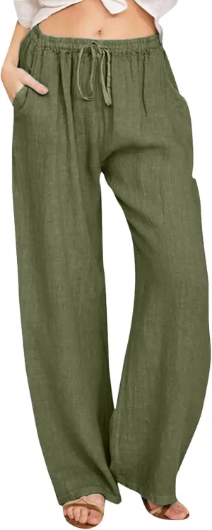 PTOLOCIF Cotton Linen Pants Women,Casual Linen High Waist Pants Wide Leg Palazzo Pants Drawstring Loose Fit Summer Pants