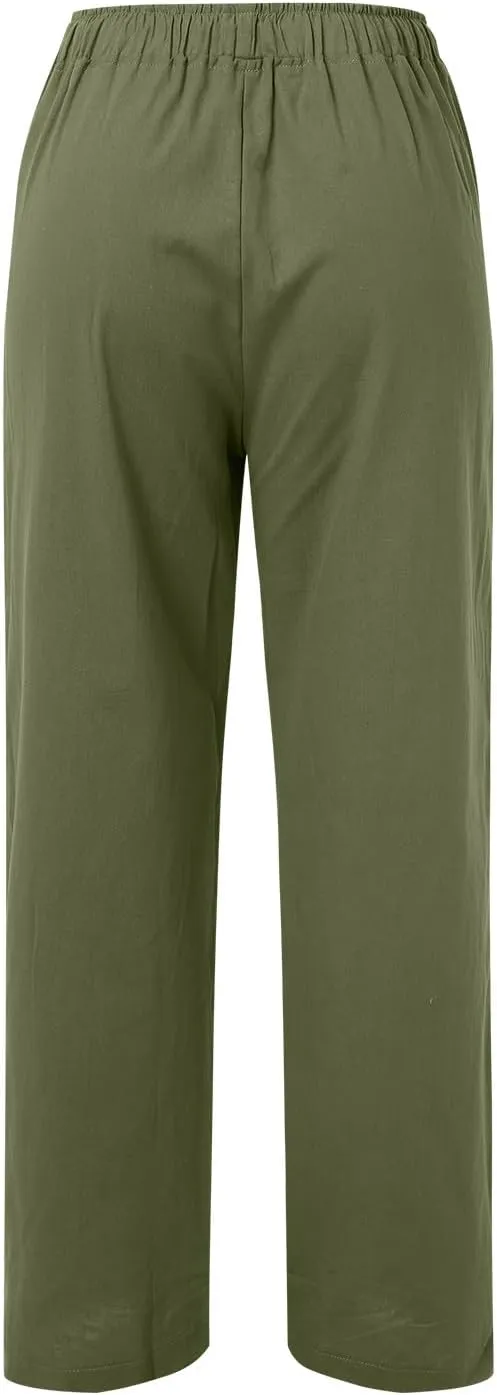 PTOLOCIF Cotton Linen Pants Women,Casual Linen High Waist Pants Wide Leg Palazzo Pants Drawstring Loose Fit Summer Pants