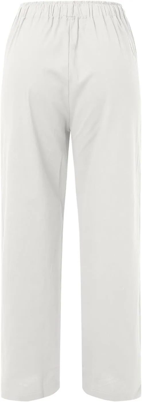 PTOLOCIF Cotton Linen Pants Women,Casual Linen High Waist Pants Wide Leg Palazzo Pants Drawstring Loose Fit Summer Pants