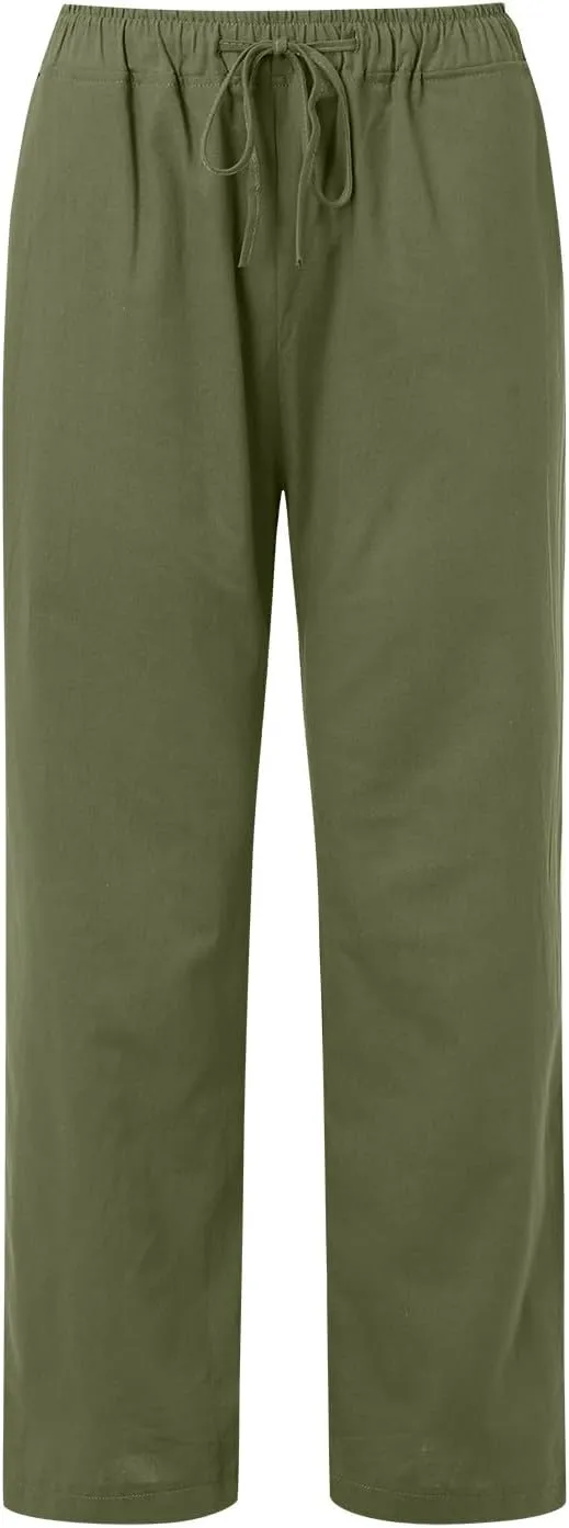 PTOLOCIF Cotton Linen Pants Women,Casual Linen High Waist Pants Wide Leg Palazzo Pants Drawstring Loose Fit Summer Pants