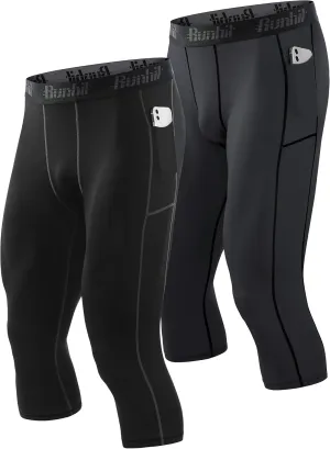 Runhit 3/4 Men's Compression Pants with Pockets,Workout Athletic Tights Leggings Athletic Base Layer Underwear