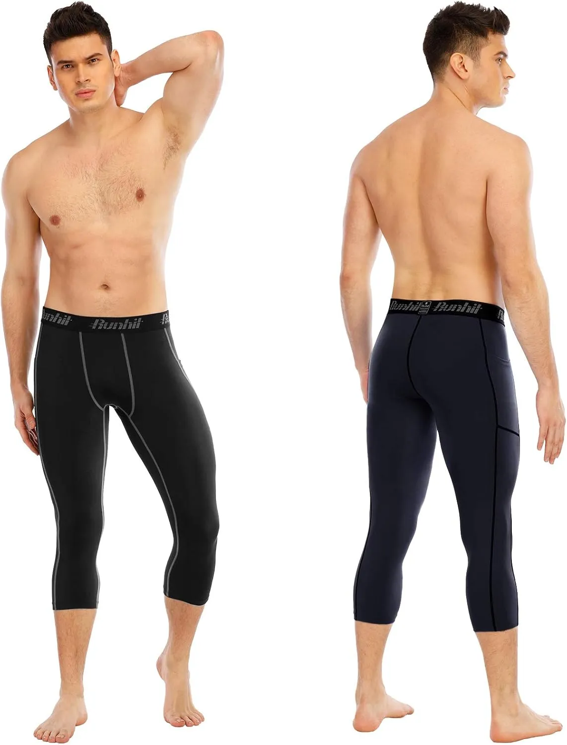 Runhit 3/4 Men's Compression Pants with Pockets,Workout Athletic Tights Leggings Athletic Base Layer Underwear