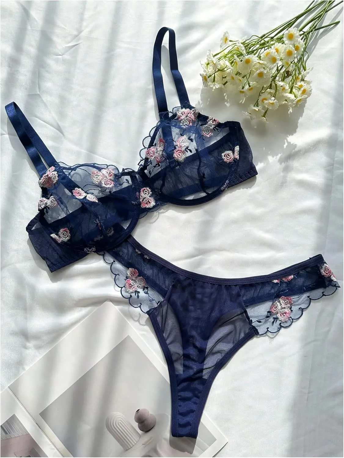 SHENHE Women's Plus Size Sheer Mesh Underwired Bra and Panty 2 Piece Floral Embroidered Lingerie Set