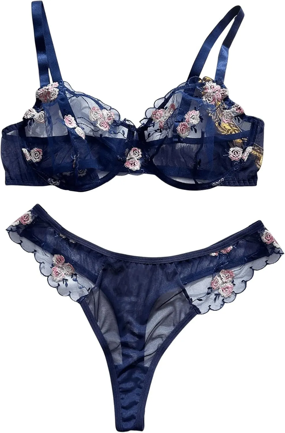 SHENHE Women's Plus Size Sheer Mesh Underwired Bra and Panty 2 Piece Floral Embroidered Lingerie Set