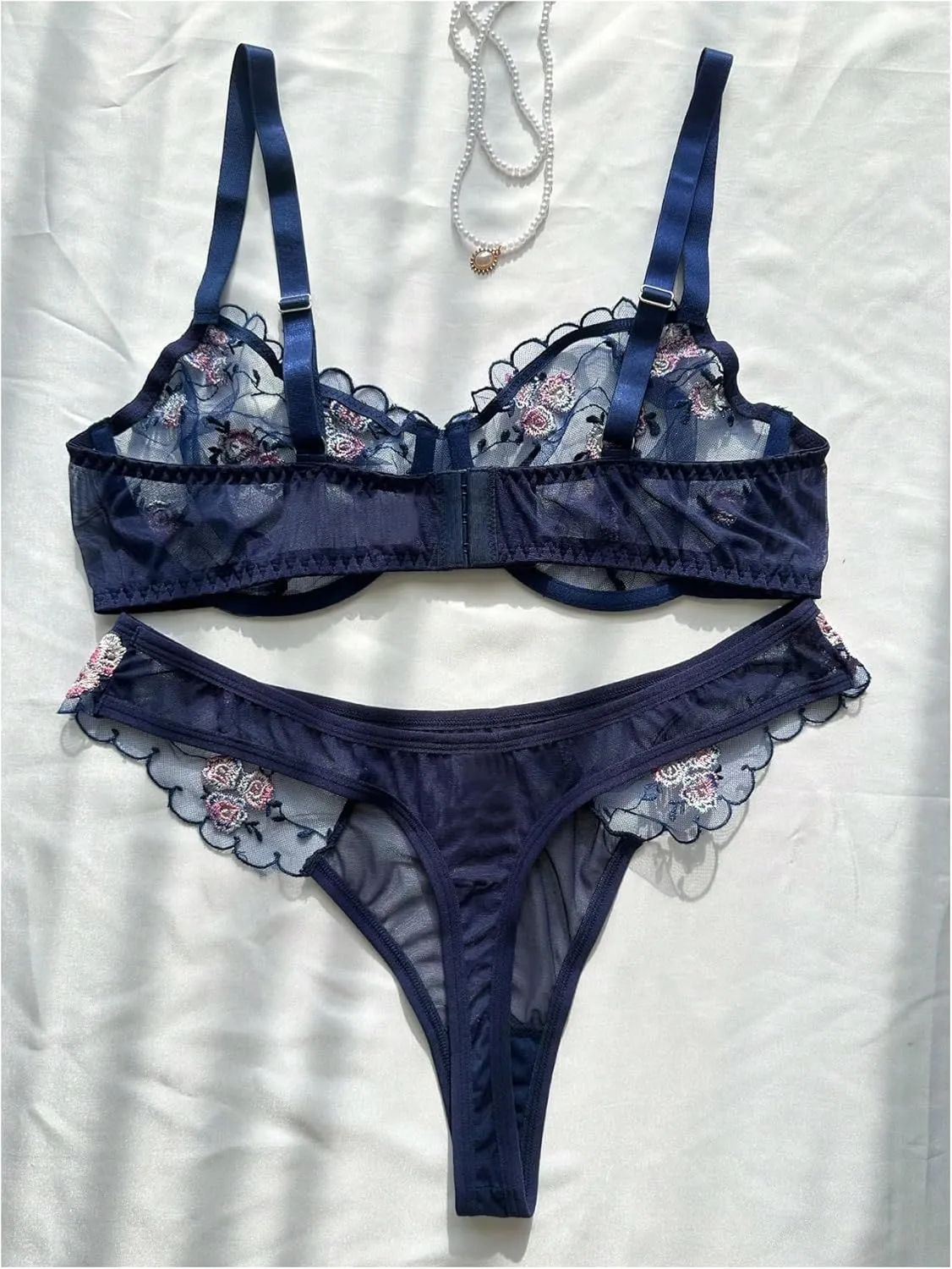 SHENHE Women's Plus Size Sheer Mesh Underwired Bra and Panty 2 Piece Floral Embroidered Lingerie Set