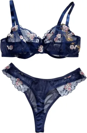 SHENHE Women's Plus Size Sheer Mesh Underwired Bra and Panty 2 Piece Floral Embroidered Lingerie Set