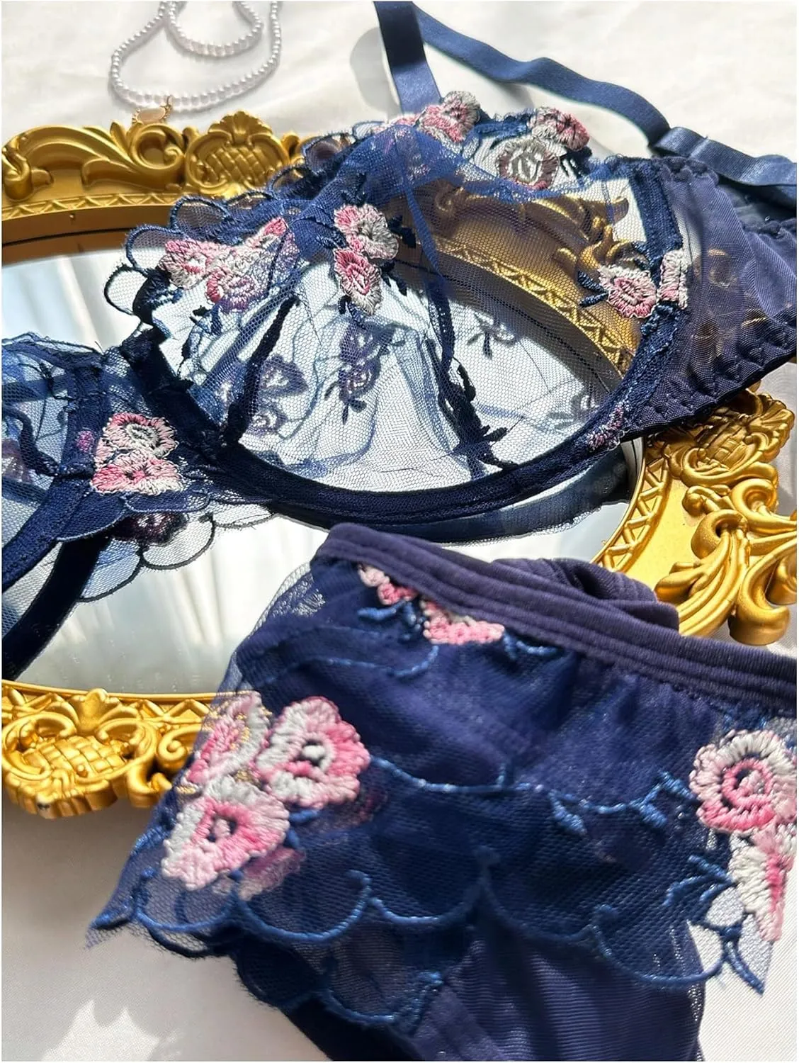 SHENHE Women's Plus Size Sheer Mesh Underwired Bra and Panty 2 Piece Floral Embroidered Lingerie Set