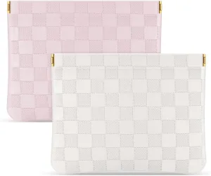 Sightor 2PCS Pocket Cosmetic Bag for Purse, Checkered Makeup Bag Portable Leather Cosmetic Bag for Women, Coin Purse Lipstick Cosmetic Accessories Organizer Travel Cosmetic Pouch (Pink, White, L)