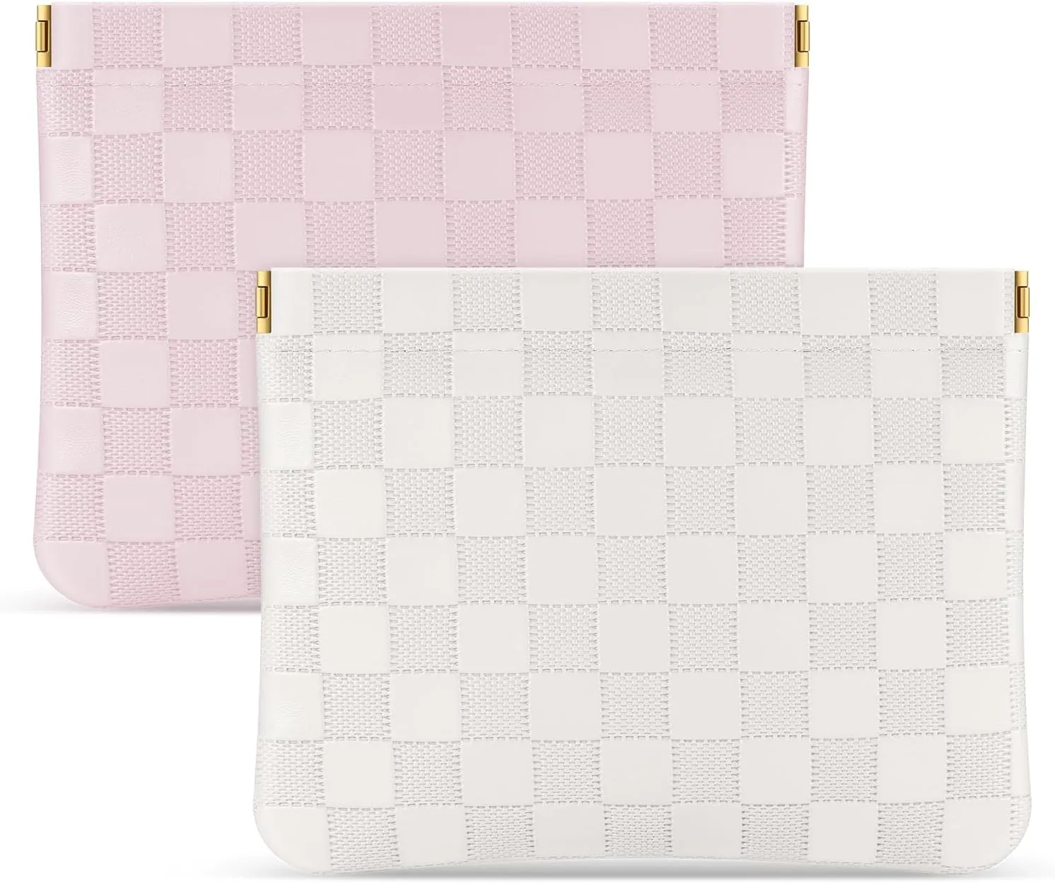 Sightor 2PCS Pocket Cosmetic Bag for Purse, Checkered Makeup Bag Portable Leather Cosmetic Bag for Women, Coin Purse Lipstick Cosmetic Accessories Organizer Travel Cosmetic Pouch (Pink, White, L)