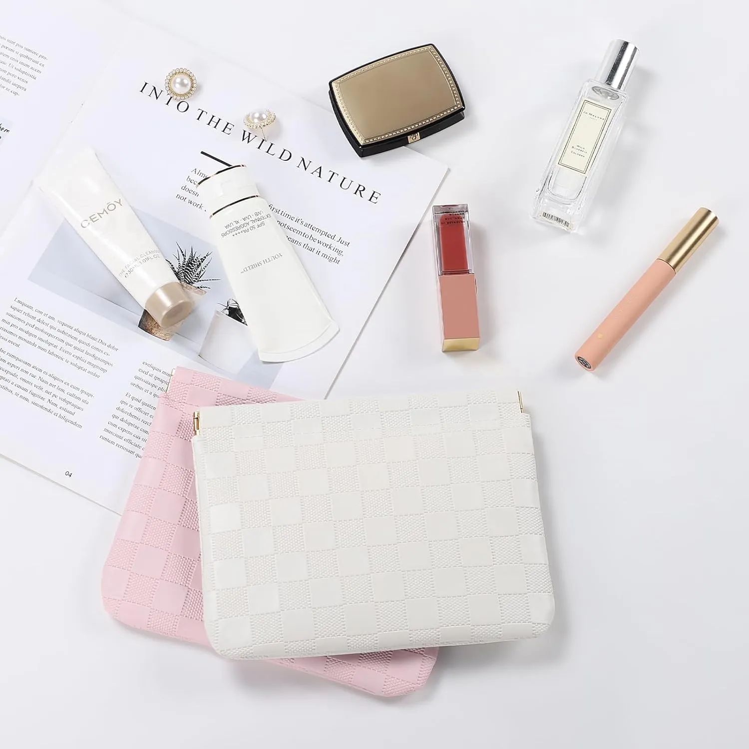 Sightor 2PCS Pocket Cosmetic Bag for Purse, Checkered Makeup Bag Portable Leather Cosmetic Bag for Women, Coin Purse Lipstick Cosmetic Accessories Organizer Travel Cosmetic Pouch (Pink, White, L)