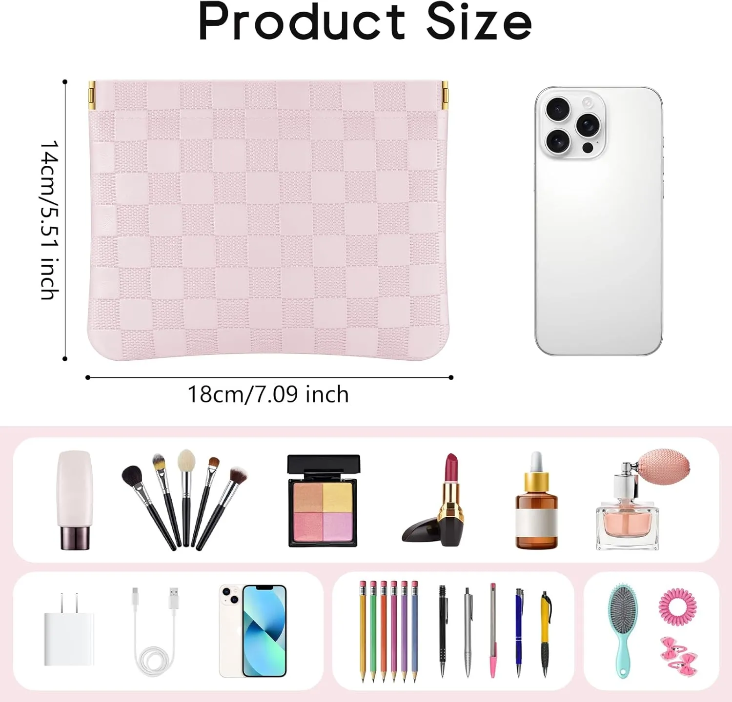 Sightor 2PCS Pocket Cosmetic Bag for Purse, Checkered Makeup Bag Portable Leather Cosmetic Bag for Women, Coin Purse Lipstick Cosmetic Accessories Organizer Travel Cosmetic Pouch (Pink, White, L)