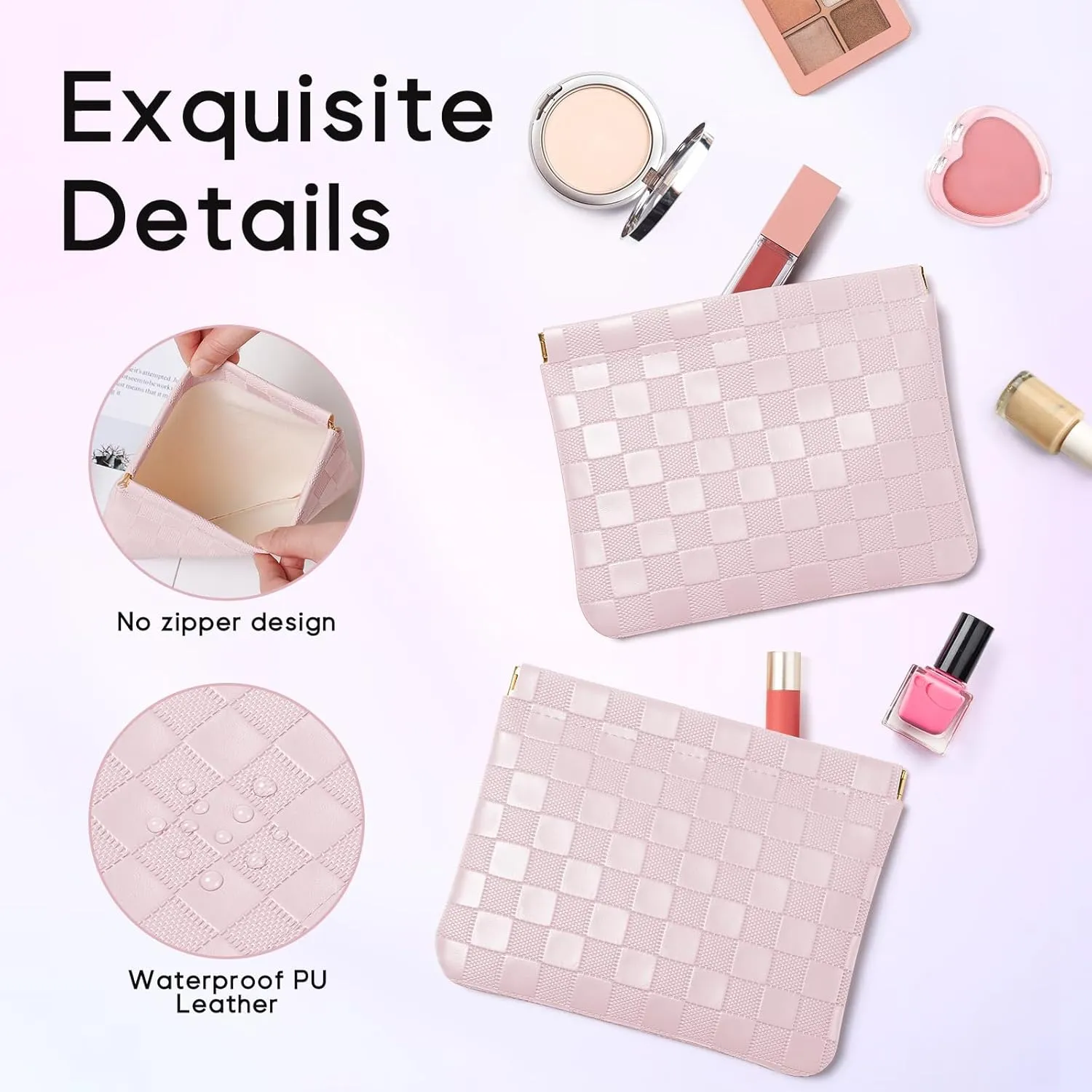 Sightor 2PCS Pocket Cosmetic Bag for Purse, Checkered Makeup Bag Portable Leather Cosmetic Bag for Women, Coin Purse Lipstick Cosmetic Accessories Organizer Travel Cosmetic Pouch (Pink, White, L)