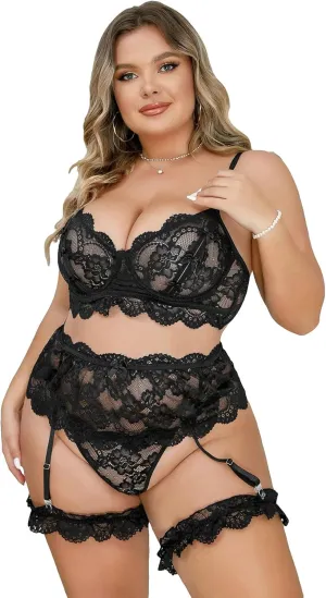 SOLY HUX Women's Plus Size Floral Lace Scallop Underwire Garter Push Up Bra and Panty Lingerie Set