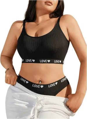 SOLY HUX Women's Plus Size Lingerie Set Bra and Panty Letter Heart Print Underwear Sets