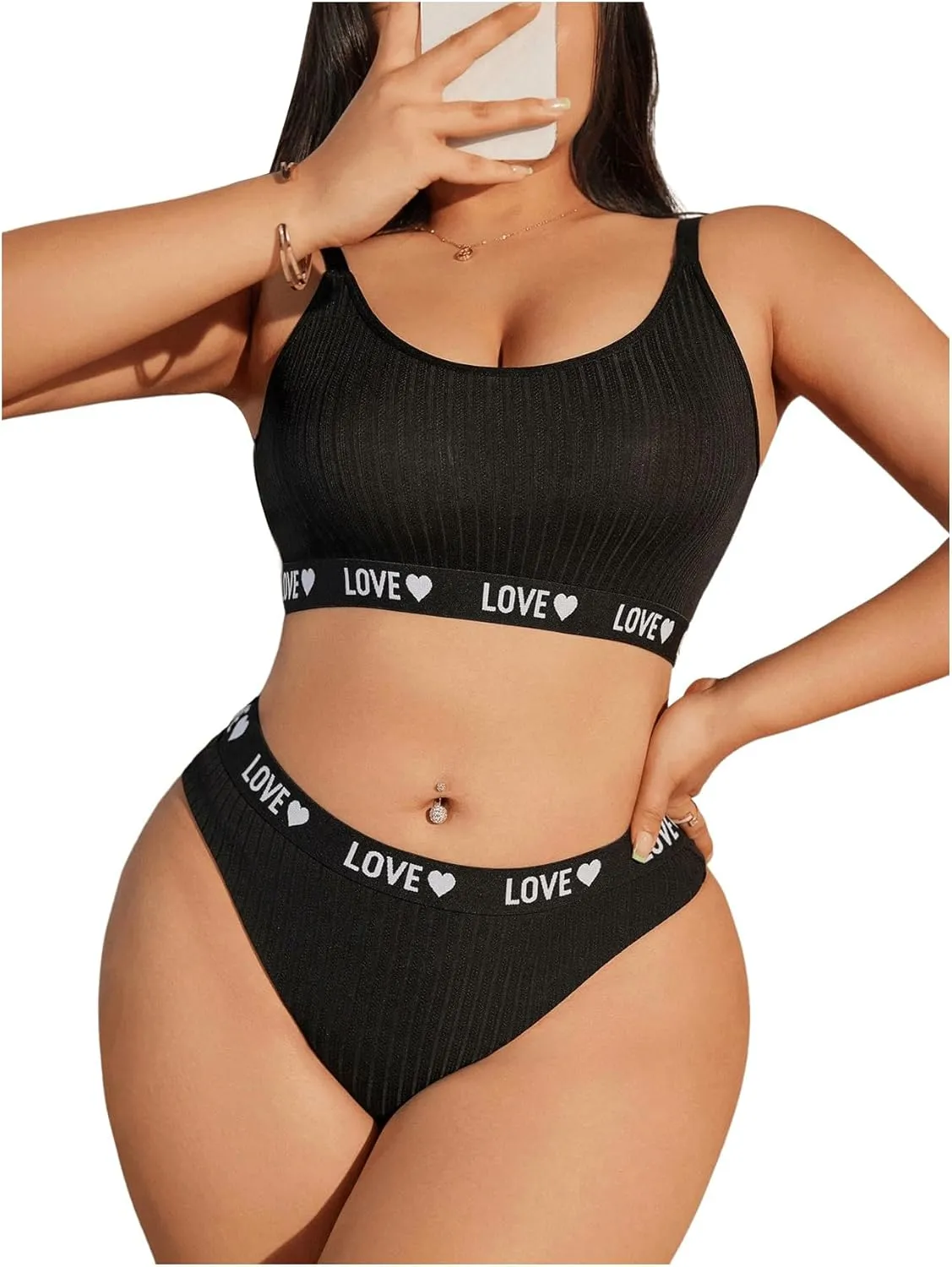SOLY HUX Women's Plus Size Lingerie Set Bra and Panty Letter Heart Print Underwear Sets