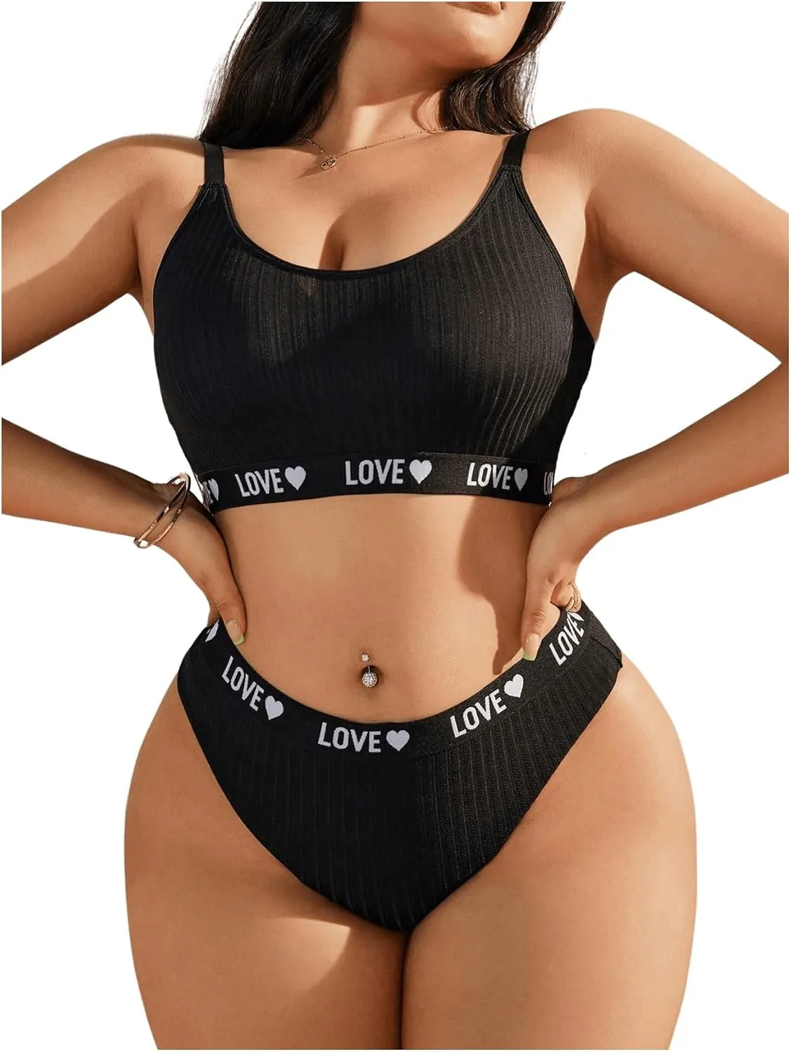 SOLY HUX Women's Plus Size Lingerie Set Bra and Panty Letter Heart Print Underwear Sets