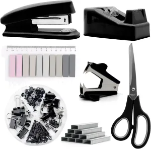 sportsvoutdoors Black Desk Accessories, Black Office Supplies, Stapler and Tape Dispenser Set, Black Desk Accessory Kit, Gift for Students, Women, Coworkers, Boss Lady, Office Clerks