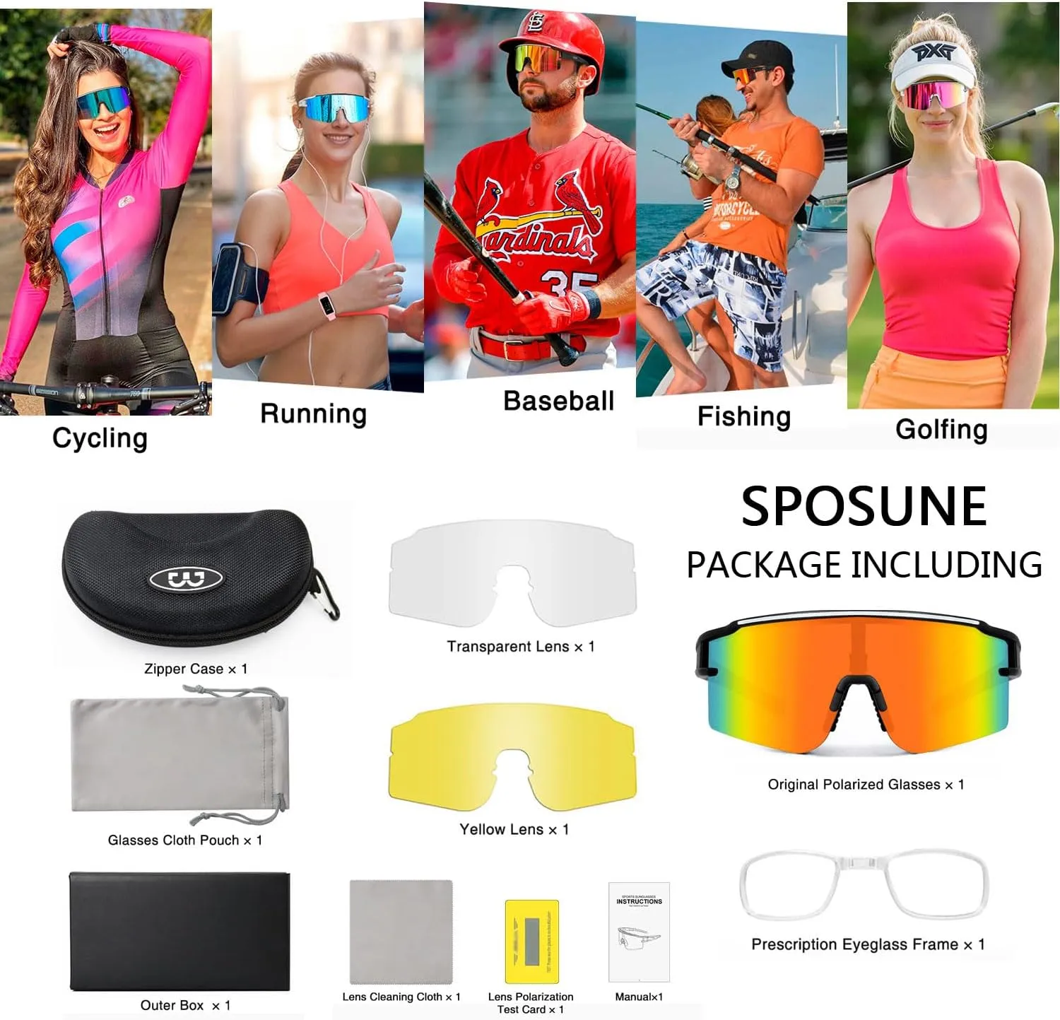 SPOSUNE Polarized Cycling Glasses with 3 Interchangeable Lenses for Women Men, TR90 Sports Sunglasses Running Baseball