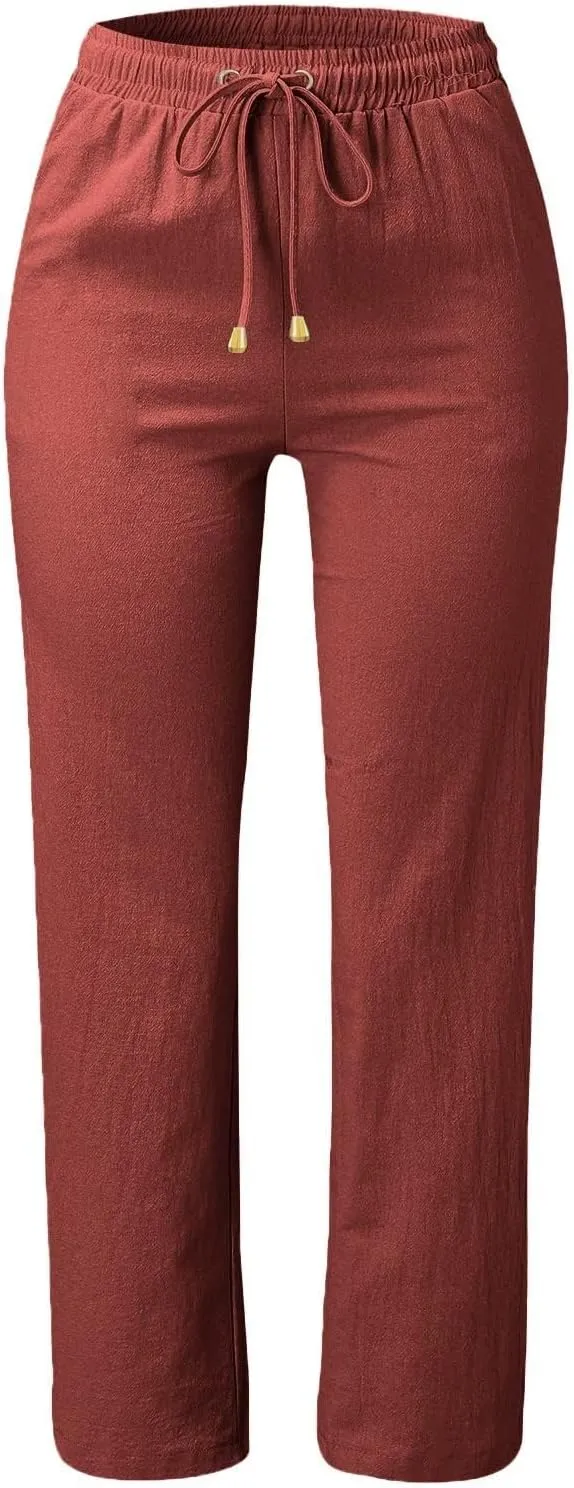 Straight Leg Linen Pants Women Summer Boho Pants Lightweight Loose Cotton Pants High Waisted Lounge Pants Trousers