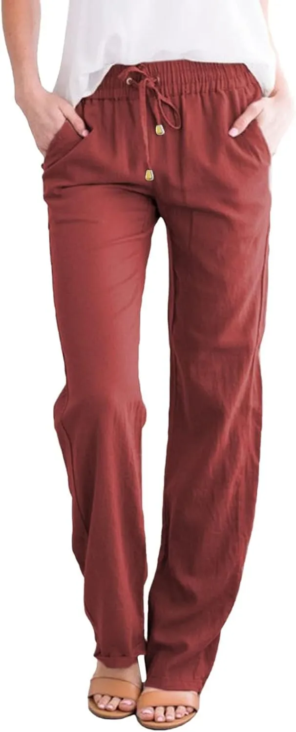 Straight Leg Linen Pants Women Summer Boho Pants Lightweight Loose Cotton Pants High Waisted Lounge Pants Trousers