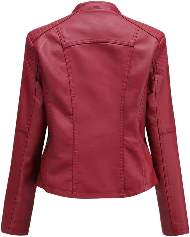 Stylish Biker Quilted Leather Jacket for Womens - Slimfit Moto Zipper Faux Leather Jacket