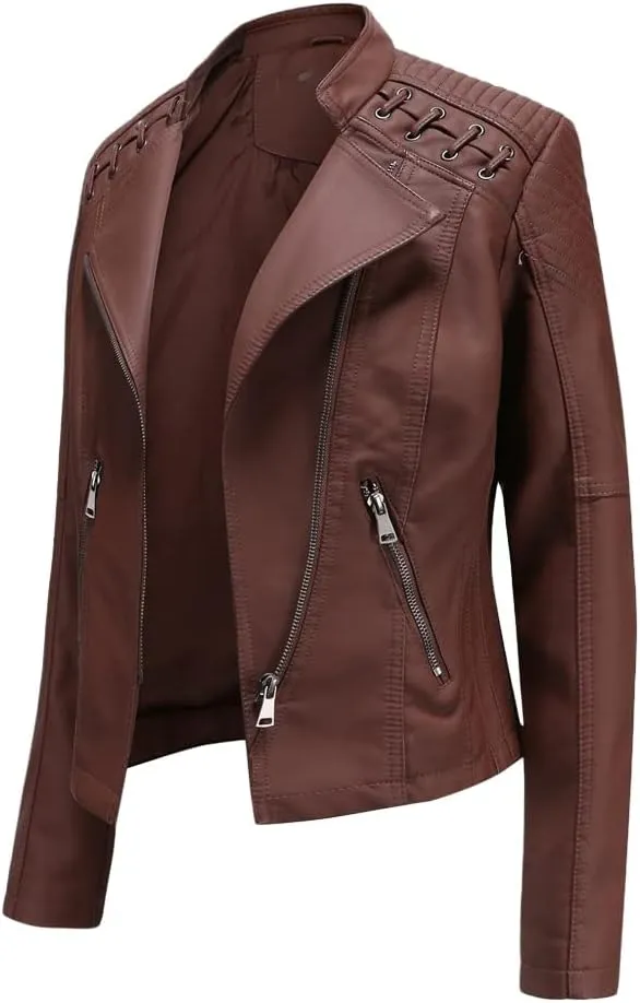 Stylish Biker Quilted Leather Jacket for Womens - Slimfit Moto Zipper Faux Leather Jacket
