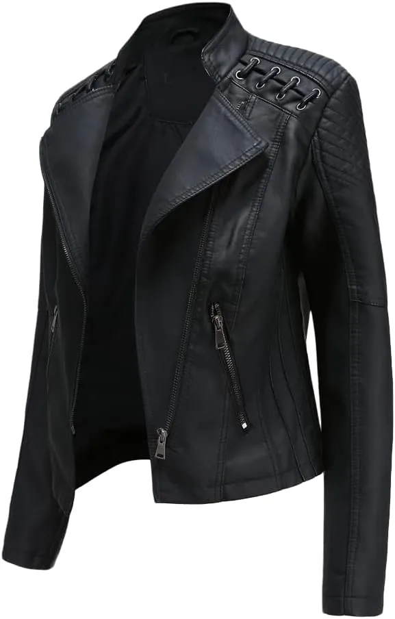 Stylish Biker Quilted Leather Jacket for Womens - Slimfit Moto Zipper Faux Leather Jacket