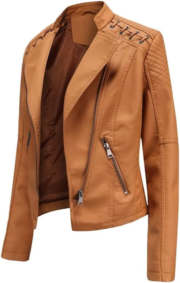 Stylish Biker Quilted Leather Jacket for Womens - Slimfit Moto Zipper Faux Leather Jacket