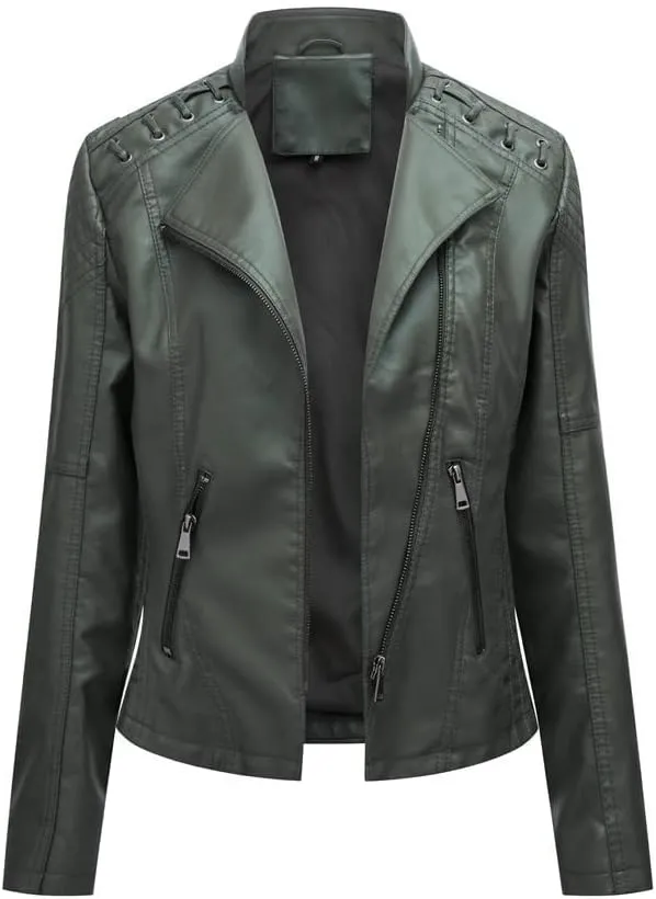 Stylish Biker Quilted Leather Jacket for Womens - Slimfit Moto Zipper Faux Leather Jacket