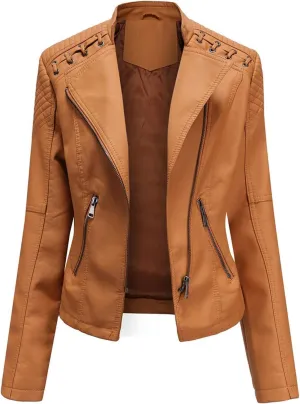 Stylish Biker Quilted Leather Jacket for Womens - Slimfit Moto Zipper Faux Leather Jacket