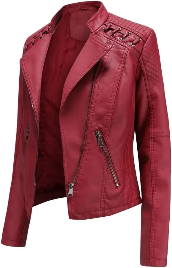 Stylish Biker Quilted Leather Jacket for Womens - Slimfit Moto Zipper Faux Leather Jacket