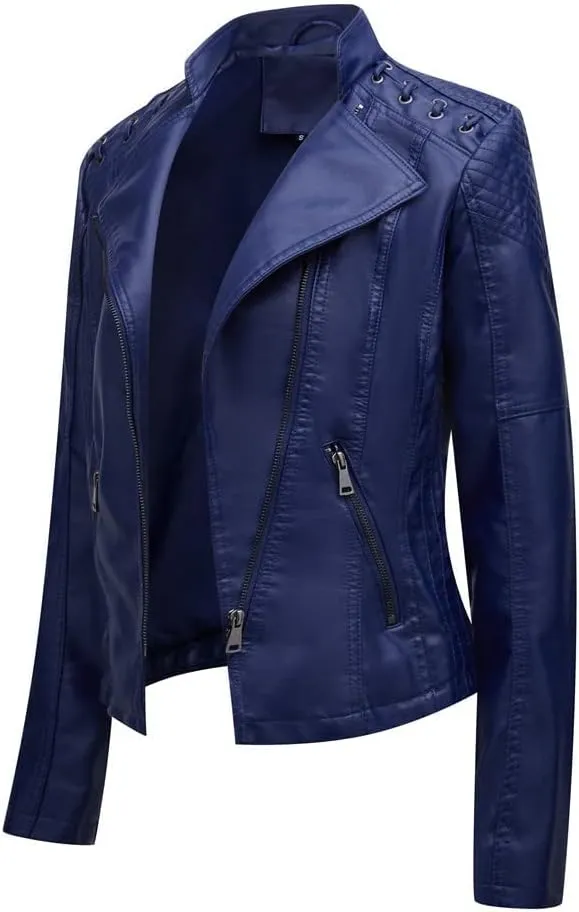 Stylish Biker Quilted Leather Jacket for Womens - Slimfit Moto Zipper Faux Leather Jacket