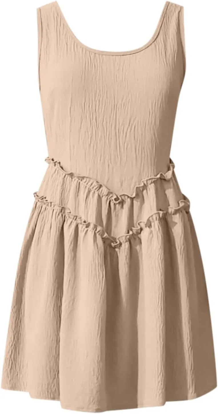 Summer Beach Vacation Dress for Women Fitted Sleeveless Layered Ruffle Hem Mini Dress Cute Church Summer Outfit 2025