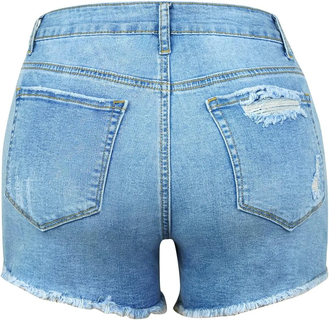 Summer Women High Waisted Jean Shorts Skinny Stretchy Denim Shorts Frayed Raw Hem Distressed Ripped Short Jeans
