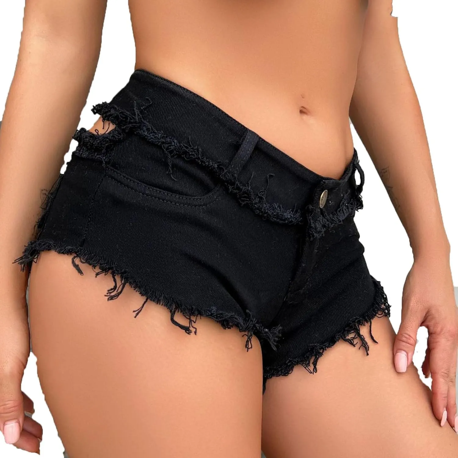 Summer Women's Sexy Ripped Cut Off Hole Slim Low Rise Hot Pants Denim Short Jean Casual Lace Up Frayed Cheeky Short
