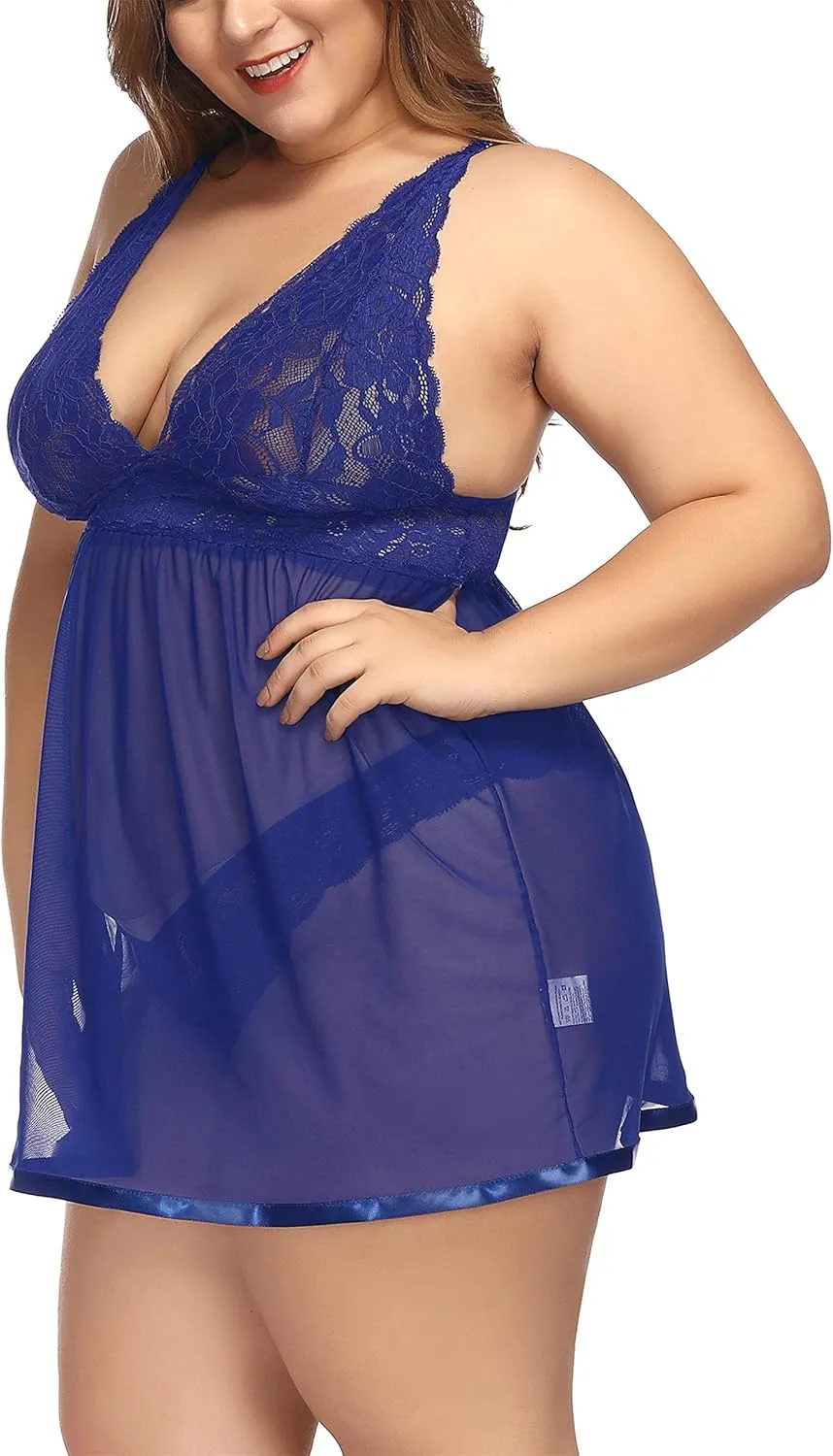 TGD Lingerie Plus Size Babydoll Set for Women V Neck Lace Chemise