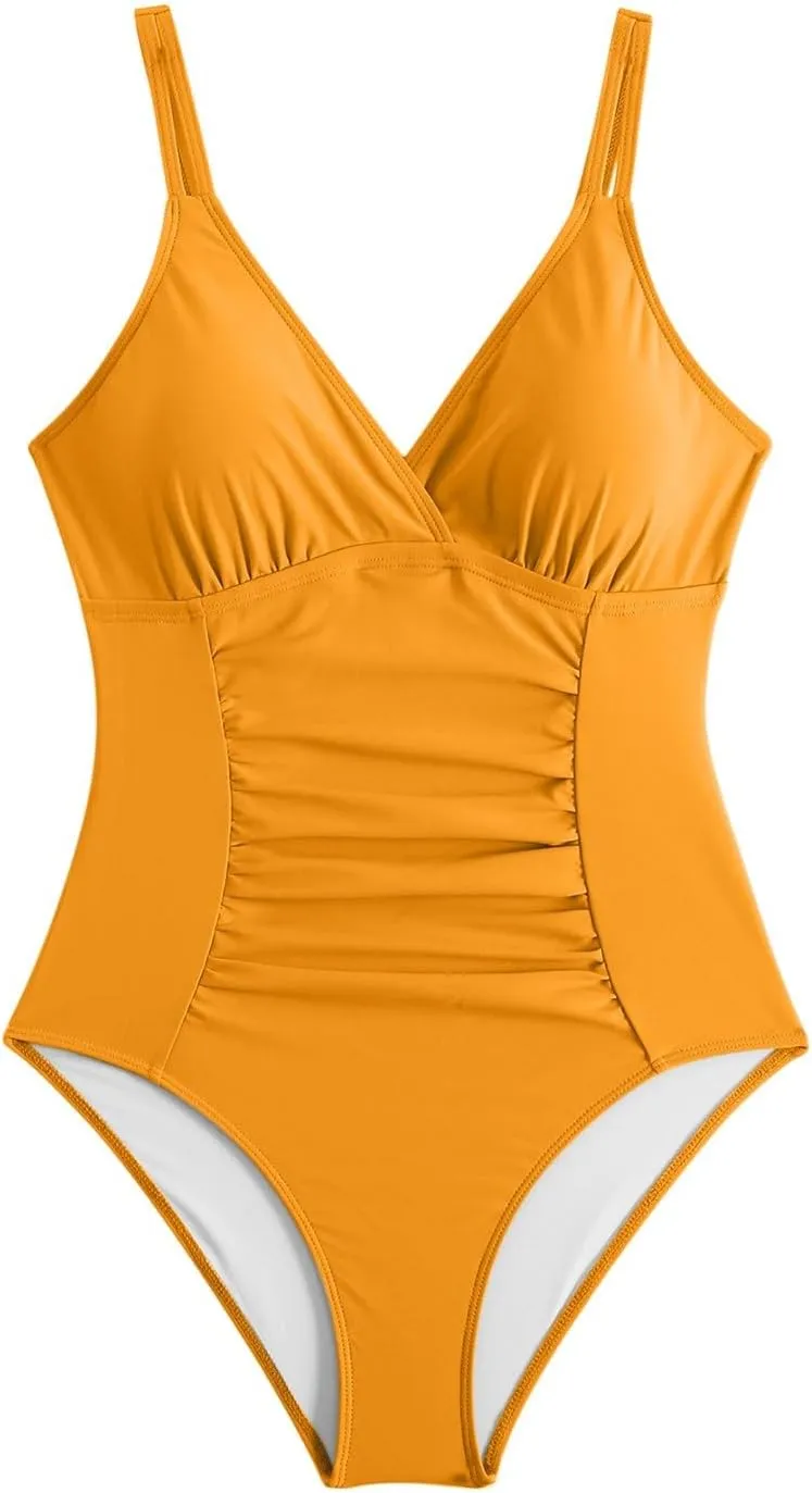 Tummy Control One Piece Swimsuits for Women Ruched Slimming Bathing Suits Strappy Deep V Neck Full Coverage Swimwear