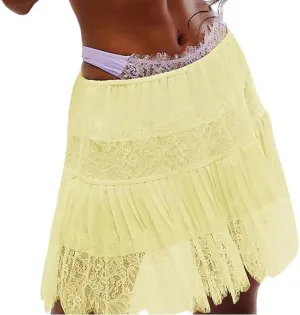UAURORAO Floral Lace Slip Skirt for Women Low Rise Sexy Lingerie Mini Skirt Elastic Pleated Ruffle Short Lace Trim Skirt